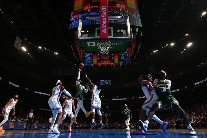 OKLAHOMA CITY, OK - APRIL 12: Jae Crowder #99 of the Milwaukee Bucks  shoots the ball during the game against the Oklahoma City Thunder on April 12, 2024 at Paycom Arena in Oklahoma City, Oklahoma. NOTE TO USER: User expressly acknowledges and agrees that, by downloading and or using this photograph, User is consenting to the terms and conditions of the Getty Images License Agreement. Mandatory Copyright Notice: Copyright 2024 NBAE (Photo by Zach Beeker/NBAE via Getty Images)