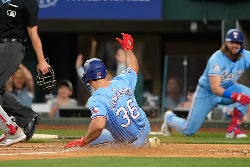 Apr 28, 2024; Arlington, Texas, USA; Texas Rangers designated hitter Wyatt Langford (36) slides safely home on his  two-run inside the park home run against the Cincinnati Reds during the first inning at Globe Life Field. Langford picked up his first major league home run on the play. Mandatory Credit: Jim Cowsert-USA TODAY Sports