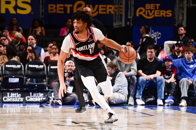 DETROIT, MI - JANUARY 06:  Shaedon Sharpe #17 of the Portland Trail Blazers handles the ball during the game against the Detroit Pistons on January 06, 2025 at Little Caesars Arena in Detroit, Michigan. NOTE TO USER: User expressly acknowledges and agrees that, by downloading and/or using this photograph, User is consenting to the terms and conditions of the Getty Images License Agreement. Mandatory Copyright Notice: Copyright 2025 NBAE (Photo by Chris Schwegler/NBAE via Getty Images)