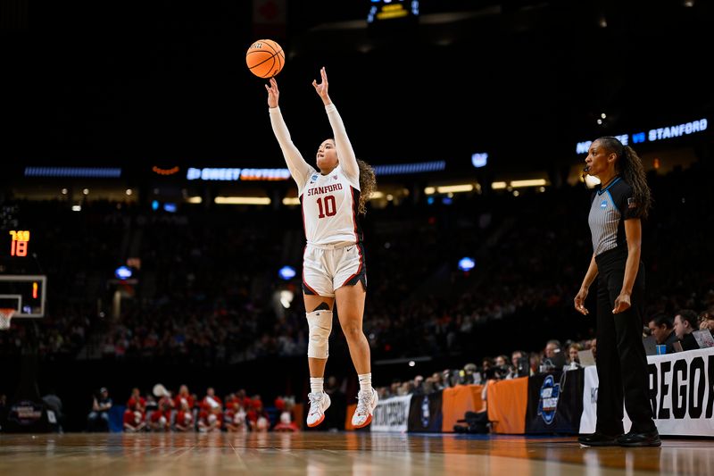 Mar 29, 2024; Portland, OR, USA; Stanford Cardinal guard Talana Lepolo (10) shoots a jump shot during the second half against NC State Wolfpack in the semifinals of the Portland Regional of the 2024 NCAA Tournament at the Moda Center at the Moda Center. Mandatory Credit: Troy Wayrynen-USA TODAY Sports