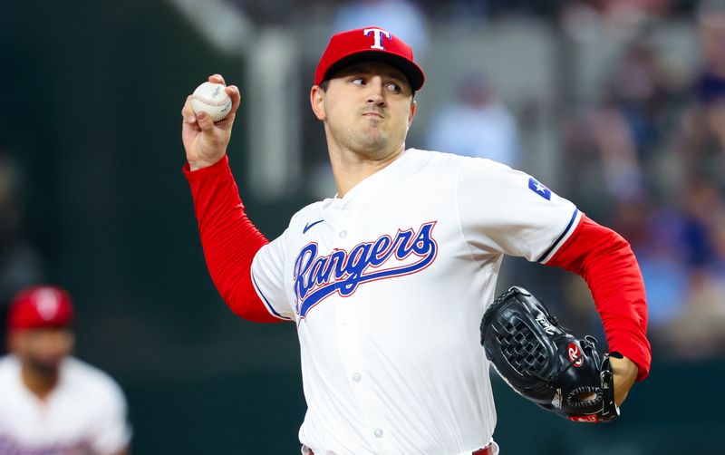 Aug 6, 2024; Arlington, Texas, USA; Texas Rangers starting pitcher Tyler Mahle (51) throws during the first inning against the Houston Astros at Globe Life Field. Mandatory Credit: Kevin Jairaj-USA TODAY Sports