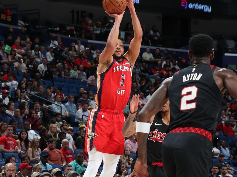 NEW ORLEANS, LA - MARCH 16: CJ McCollum #3 of the New Orleans Pelicans shoots the ball during the game against the Portland Trail Blazers on March 16, 2024 at the Smoothie King Center in New Orleans, Louisiana. NOTE TO USER: User expressly acknowledges and agrees that, by downloading and or using this Photograph, user is consenting to the terms and conditions of the Getty Images License Agreement. Mandatory Copyright Notice: Copyright 2024 NBAE (Photo by Layne Murdoch Jr./NBAE via Getty Images)