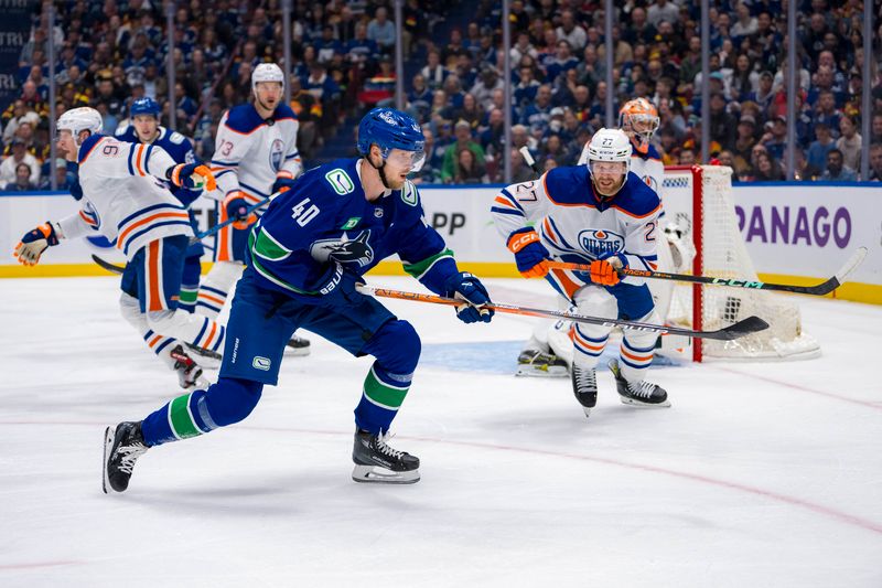 May 8, 2024; Vancouver, British Columbia, CAN; Edmonton Oilers defenseman Brett Kulak (27) and Vancouver Canucks forward Elias Pettersson (40) skate after the loose puck during the first period in game one of the second round of the 2024 Stanley Cup Playoffs at Rogers Arena. Mandatory Credit: Bob Frid-USA TODAY Sports