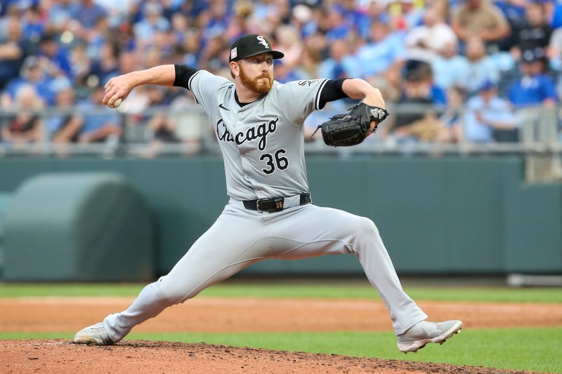 Jul 20, 2024; Kansas City, Missouri, USA; Chicago White Sox relief pitcher Steven Wilson (36) throws against the Kansas City Royals in the seventh inning at Kauffman Stadium. Mandatory Credit: Scott Sewell-USA TODAY Sports