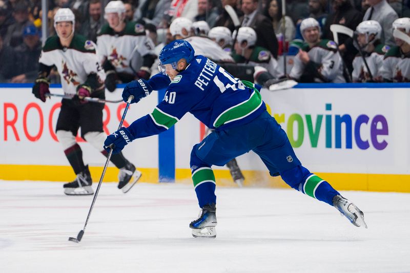 Jan 18, 2024; Vancouver, British Columbia, CAN; Vancouver Canucks forward Elias Pettersson (40) makes a pass against the Arizona Coyotes in the first period at Rogers Arena. Mandatory Credit: Bob Frid-USA TODAY Sports