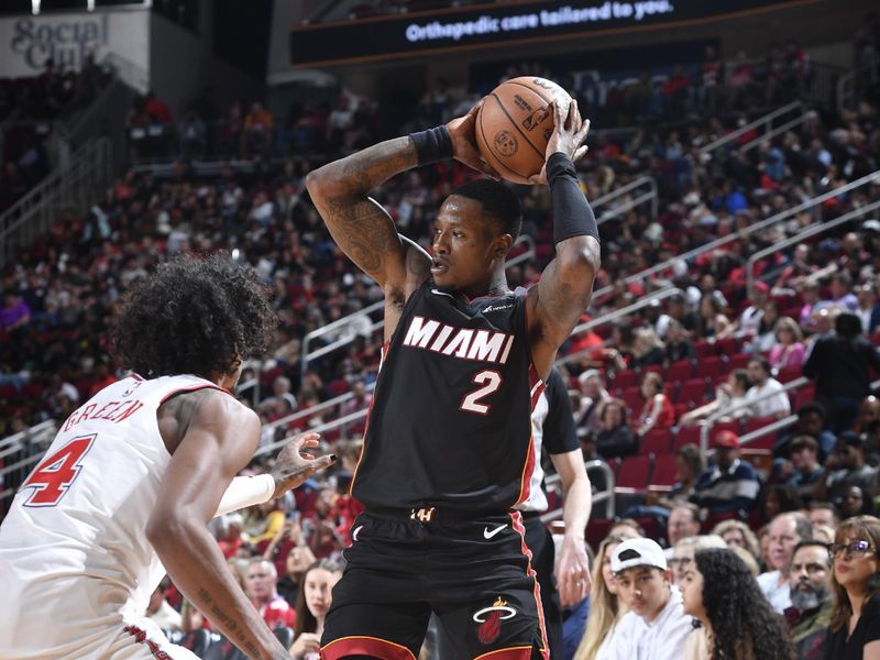 HOUSTON, TX - APRIL 5: Terry Rozier #2 of the Miami Heat handles the ball during the game against the Houston Rockets on April 5, 2024 at the Toyota Center in Houston, Texas. NOTE TO USER: User expressly acknowledges and agrees that, by downloading and or using this photograph, User is consenting to the terms and conditions of the Getty Images License Agreement. Mandatory Copyright Notice: Copyright 2024 NBAE (Photo by Logan Riely/NBAE via Getty Images)