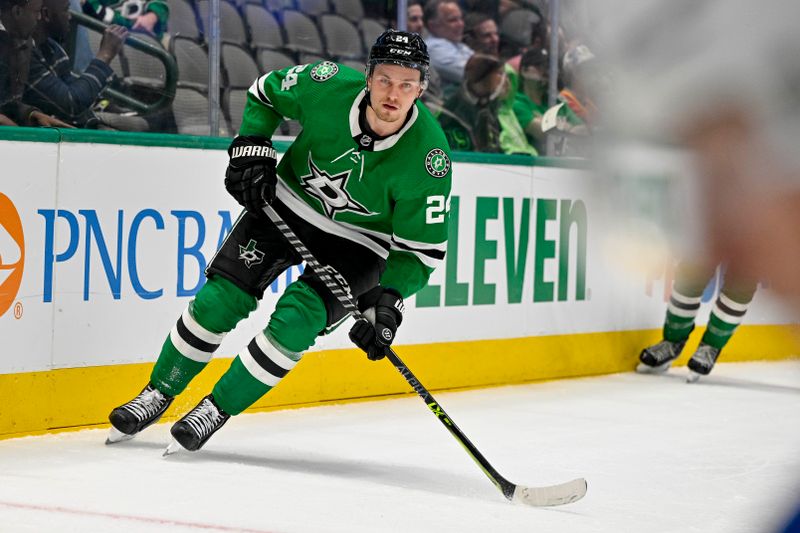 Sep 26, 2022; Dallas, Texas, USA; Dallas Stars center Roope Hintz (24) skates against the St. Louis Blues during the third period at the American Airlines Center. Mandatory Credit: Jerome Miron-USA TODAY Sports