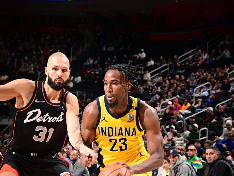 DETROIT, MI - MARCH 20: Aaron Nesmith #23 of the Indiana Pacers handles the ball during the game against the Detroit Pistons on March 20, 2024 at Little Caesars Arena in Detroit, Michigan. NOTE TO USER: User expressly acknowledges and agrees that, by downloading and/or using this photograph, User is consenting to the terms and conditions of the Getty Images License Agreement. Mandatory Copyright Notice: Copyright 2024 NBAE (Photo by Chris Schwegler/NBAE via Getty Images)