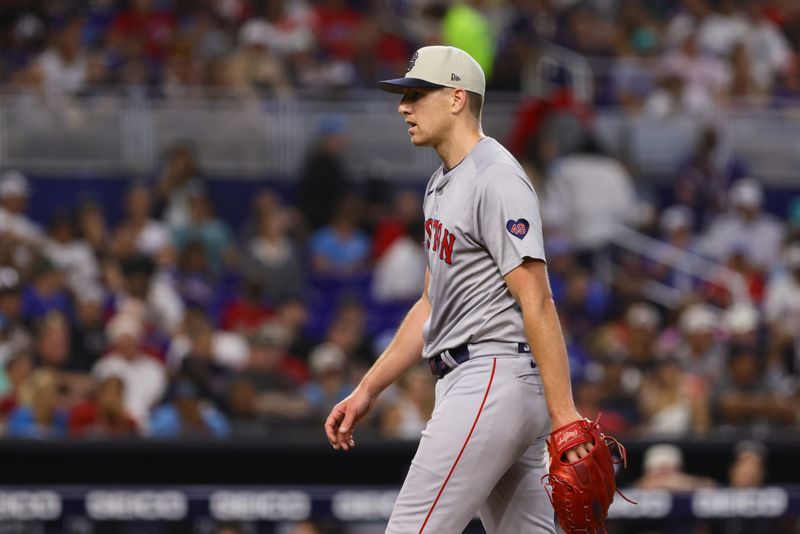 Jul 4, 2024; Miami, Florida, USA; Boston Red Sox starting pitcher Nick Pivetta (37) looks on against the Miami Marlins after the sixth inning at loanDepot Park. Mandatory Credit: Sam Navarro-USA TODAY Sports