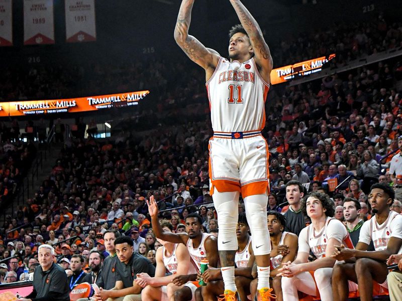 Feb 4, 2023; Clemson, South Carolina, USA;  Clemson guard Brevin Galloway (11) shoots a three-pointer against Miami during the second half at Littlejohn Coliseum in Clemson, S.C. Saturday, Feb. 4, 2023. Miami won 78-74.   Mandatory Credit: Ken Ruinard-USA TODAY Sports