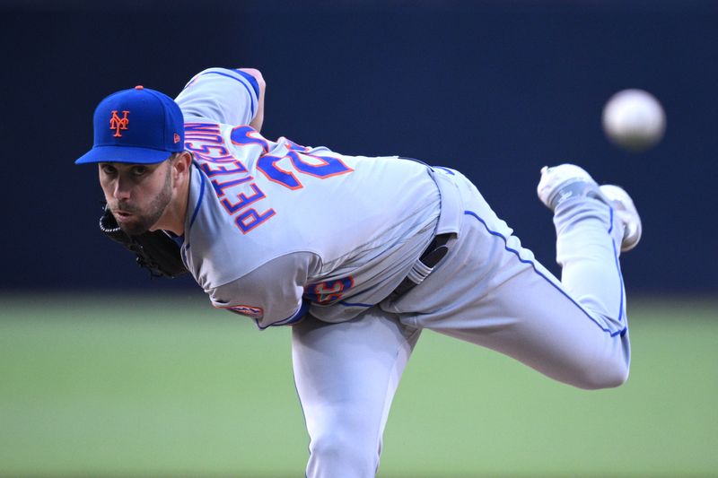 Jul 8, 2023; San Diego, California, USA; New York Mets starting pitcher David Peterson (23) throws a pitch against the San Diego Padres during the first inning at Petco Park. Mandatory Credit: Orlando Ramirez-USA TODAY Sports