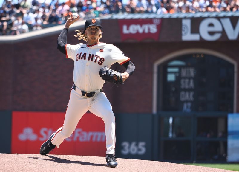 Jun 30, 2024; San Francisco, California, USA; San Francisco Giants starting pitcher Spencer Bivens (76) pitches the ball against the Los Angeles Dodgers during the first inning at Oracle Park. Mandatory Credit: Kelley L Cox-USA TODAY Sports