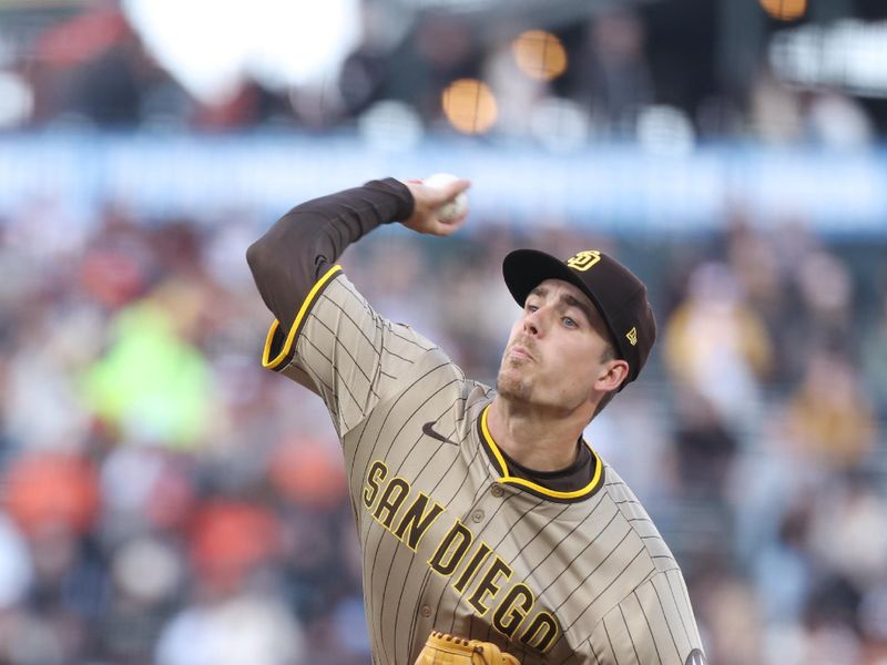 Jun 3, 2025; San Francisco, California, USA; San Diego Padres starting pitcher Ryan Bergert (38) pitches the ball against the San Francisco Giants during the first inning at Oracle Park. Mandatory Credit: Kelley L Cox-Imagn Images