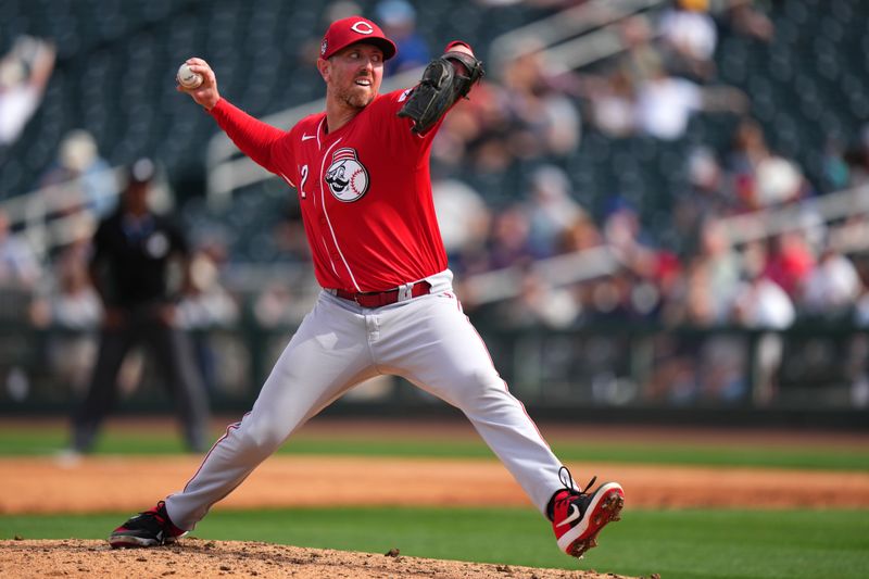 Feb. 24, 2024; Goodyear, Arizona, USA; Cincinnati Reds pitcher Brooks Kriske delivers a pitch in the sixth inning during a MLB spring training baseball game against the Cleveland Guardians at Goodyear Ballpark. Mandatory Credit: Kareem Elgazzar-USA TODAY Sports