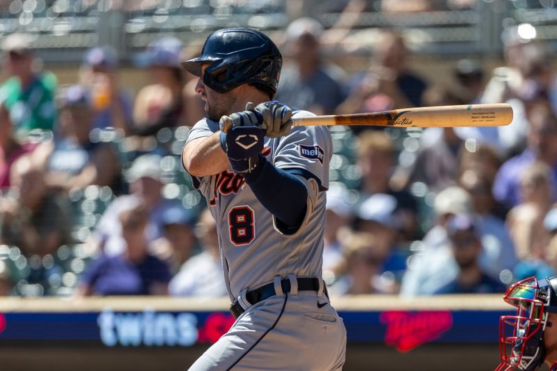 Aug 16, 2023; Minneapolis, Minnesota, USA; Detroit Tigers third baseman Matt Vierling (8) hits a single against the Minnesota Twins in the first inning at Target Field. Mandatory Credit: Jesse Johnson-USA TODAY Sports