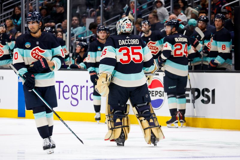 Feb 24, 2024; Seattle, Washington, USA; Seattle Kraken goaltender Joey Daccord (35) skates off the ice after surrendering his fourth goal of the game against the Minnesota Wild during the second period at Climate Pledge Arena. Mandatory Credit: Joe Nicholson-USA TODAY Sports