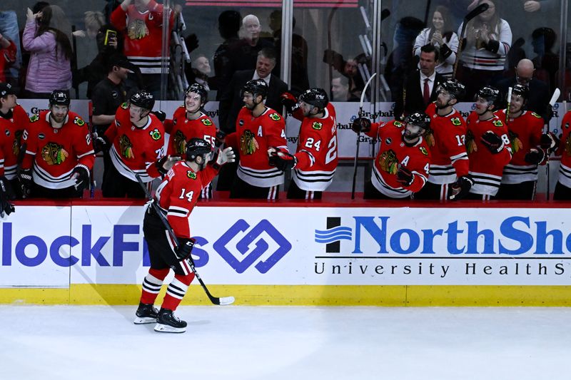 Jan 16, 2024; Chicago, Illinois, USA; Chicago Blackhawks left wing Boris Katchouk (14) celebrates with teammates after scoring the game winning overtime goal against the San Jose Sharks during the third period at United Center. Mandatory Credit: Matt Marton-USA TODAY Sports