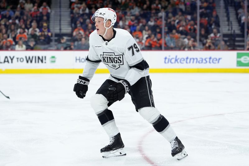 Jan 31, 2026; Philadelphia, Pennsylvania, USA; Los Angeles Kings center Samuel Helenius (79) skates after losing his stick against the Philadelphia Flyers in the second period at Xfinity Mobile Arena. Mandatory Credit: Kyle Ross-Imagn Images
