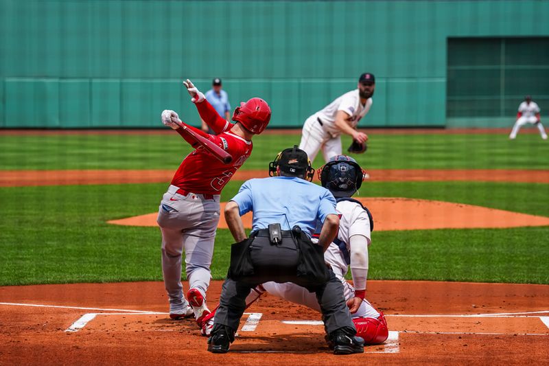 Jun 4, 2025; Boston, Massachusetts, USA; Los Angeles Angels outfielder Taylor Ward (3) his a three run home run against the Boston Red Sox in the first inning at Fenway Park. Mandatory Credit: David Butler II-Imagn Images