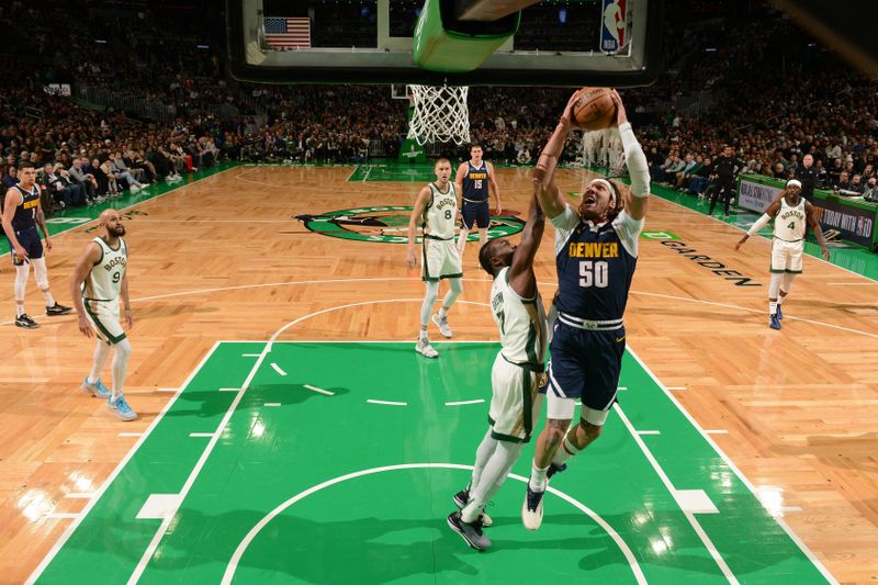 BOSTON, MA - JANUARY 19:  Aaron Gordon #50 of the Denver Nuggets drives to the basket during the game against the Boston Celtics on January 19, 2024 at the TD Garden in Boston, Massachusetts. NOTE TO USER: User expressly acknowledges and agrees that, by downloading and or using this photograph, User is consenting to the terms and conditions of the Getty Images License Agreement. Mandatory Copyright Notice: Copyright 2024 NBAE  (Photo by Brian Babineau/NBAE via Getty Images)