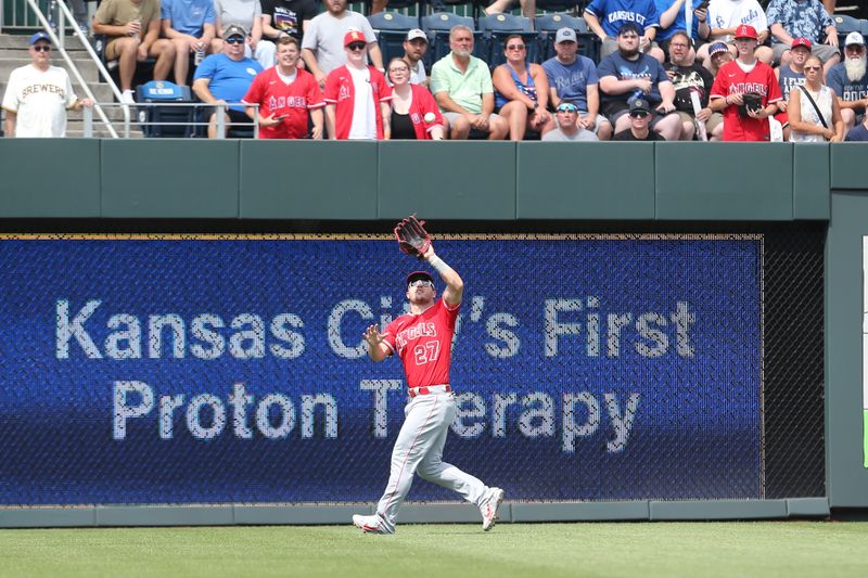 Jun 17, 2023; Kansas City, Missouri, USA; Los Angeles Angels center fielder Mike Trout (27) makes a catch early in the game against the Kansas City Royals at Kauffman Stadium. Mandatory Credit: Scott Sewell-USA TODAY Sports