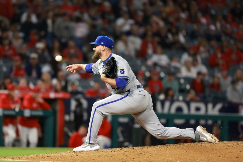 May 10, 2024; Anaheim, California, USA;  Kansas City Royals pitcher John Schreiber (46) pitches during the ninth inning against the Los Angeles Angels at Angel Stadium. Mandatory Credit: Kiyoshi Mio-USA TODAY Sports