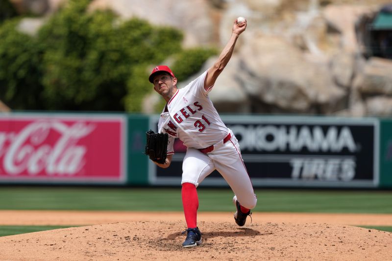 May 11, 2025; Anaheim, California, USA; Los Angeles Angels starting pitcher Tyler Anderson (31) throws in the fourth inning against the Baltimore Orioles at Angel Stadium. Mandatory Credit: Kirby Lee-Imagn Images