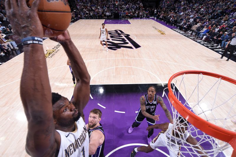 SACRAMENTO, CA - FEBRUARY 8:  Zion Williamson #1 of the New Orleans Pelicans drives to the basket during the game against the Sacramento Kings on February 8, 2025 at Golden 1 Center in Sacramento, California. NOTE TO USER: User expressly acknowledges and agrees that, by downloading and or using this Photograph, user is consenting to the terms and conditions of the Getty Images License Agreement. Mandatory Copyright Notice: Copyright 2025 NBAE (Photo by Rocky Widner/NBAE via Getty Images)