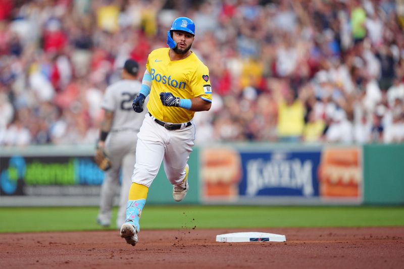 Jul 27, 2024; Boston, Massachusetts, USA; Boston Red Sox right fielder Wilyer Abreu (52) rounds the bases after hitting a home run against the New York Yankees during the first inning at Fenway Park. Mandatory Credit: Gregory Fisher-USA TODAY Sports