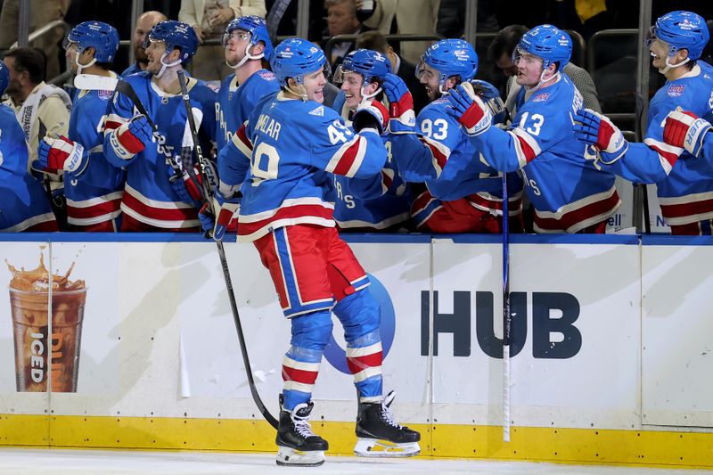 Mar 5, 2026; New York, New York, USA; New York Rangers right wing Jaroslav Chmelar (49) celebrates his first NHL goal with teammates during the third period against the Toronto Maple Leafs at Madison Square Garden. Mandatory Credit: Brad Penner-Imagn Images