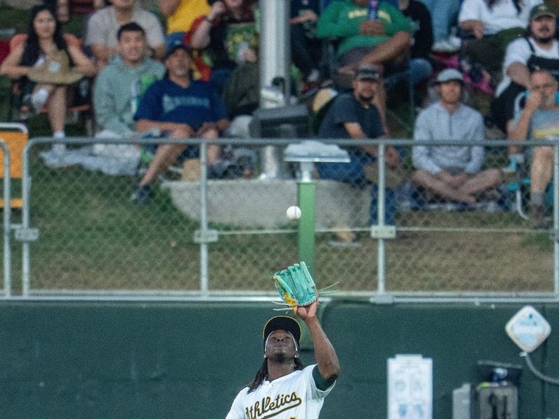 May 6, 2025; West Sacramento, California, USA;   Athletics right fielder Lawrence Butler (4) fields a fly ball against the Seattle Mariners during the fourth inning at Sutter Health Park. Mandatory Credit: Neville E. Guard-Imagn Images
