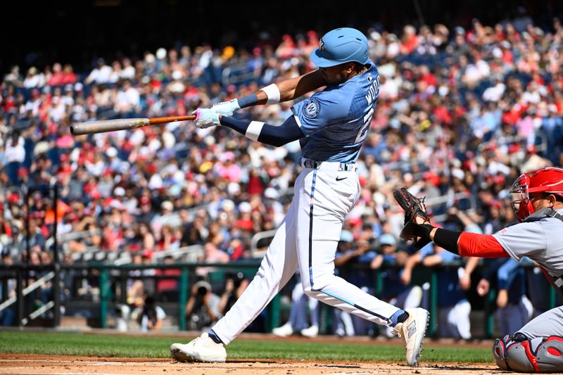 May 10, 2025; Washington, District of Columbia, USA; Washington Nationals designated hitter James Wood (29) singles against the St. Louis Cardinals during the first inning at Nationals Park. Mandatory Credit: Brad Mills-Imagn Images