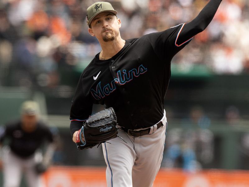 May 20, 2023; San Francisco, California, USA; Miami Marlins starting pitcher Braxton Garrett (29) delivers a pitch against the San Francisco Giants during the first inning at Oracle Park. Mandatory Credit: D. Ross Cameron-USA TODAY Sports