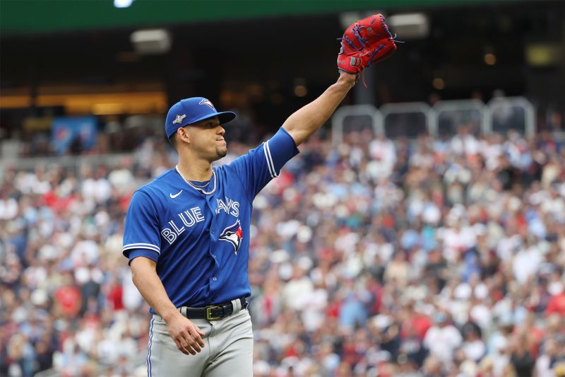 Oct 4, 2023; Minneapolis, Minnesota, USA; Toronto Blue Jays starting pitcher Jose Berrios (17) reacts after being pulled from the game in the fourth inning against the Minnesota Twins during game two of the Wildcard series for the 2023 MLB playoffs at Target Field. Mandatory Credit: Jesse Johnson-USA TODAY Sports