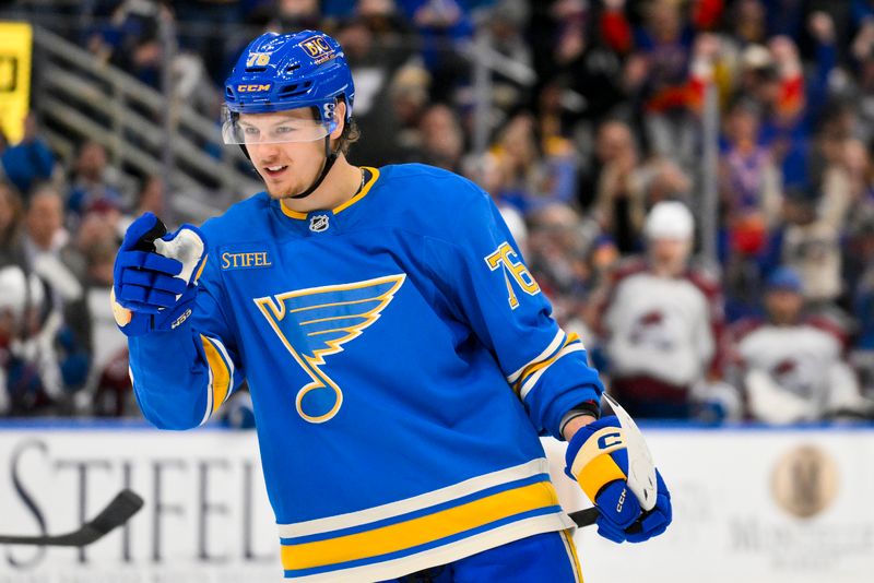 Apr 5, 2025; St. Louis, Missouri, USA;  St. Louis Blues center Zack Bolduc (76) reacts after scoring against the Colorado Avalanche during the second period at Enterprise Center. Mandatory Credit: Jeff Curry-Imagn Images