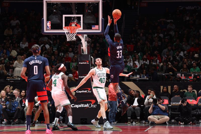 WASHINGTON, DC -? NOVEMBER 22: Kyle Kuzma #33 of the Washington Wizards shoots the ball during the game against the Boston Celtics during the Emirates NBA Cup game on November 22, 2024 at Capital One Arena in Washington, DC. NOTE TO USER: User expressly acknowledges and agrees that, by downloading and or using this Photograph, user is consenting to the terms and conditions of the Getty Images License Agreement. Mandatory Copyright Notice: Copyright 2024 NBAE (Photo by Stephen Gosling/NBAE via Getty Images)