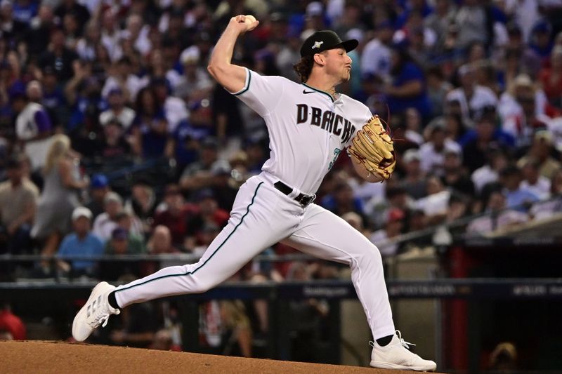 Oct 11, 2023; Phoenix, Arizona, USA; Arizona Diamondbacks starting pitcher Brandon Pfaadt (32) throws a pitch against the Los Angeles Dodgers in the first inning for game three of the NLDS for the 2023 MLB playoffs at Chase Field. Mandatory Credit: Matt Kartozian-USA TODAY Sports