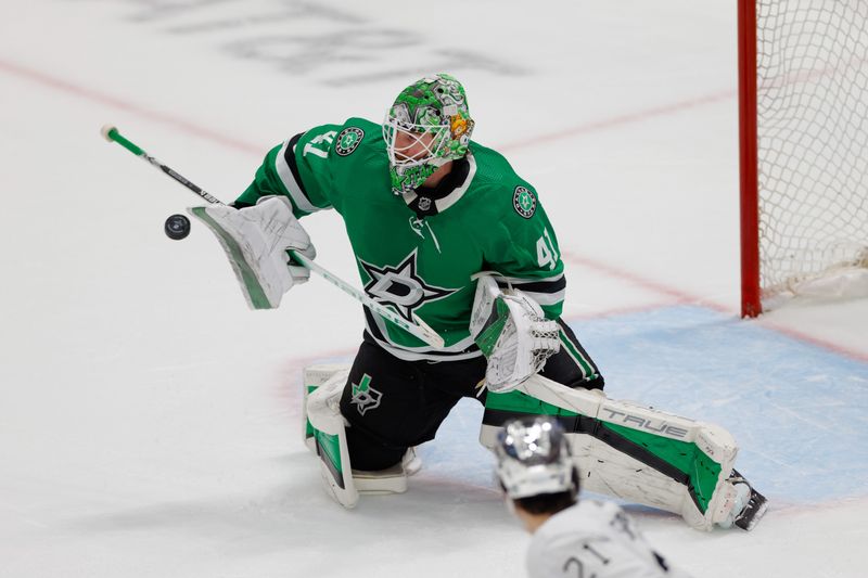 Mar 16, 2024; Dallas, Texas, USA; Dallas Stars goaltender Scott Wedgewood (41) blocks a shot from the Los Angeles Kings during the first period at American Airlines Center. Mandatory Credit: Andrew Dieb-USA TODAY Sports