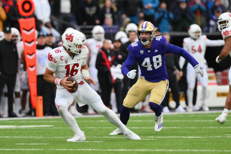 Nov 11, 2023; Seattle, Washington, USA; Washington Huskies defensive end Jacob Lane (48) pressures Utah Utes quarterback Bryson Barnes (16) during the second half at Alaska Airlines Field at Husky Stadium. Mandatory Credit: Steven Bisig-USA TODAY Sports