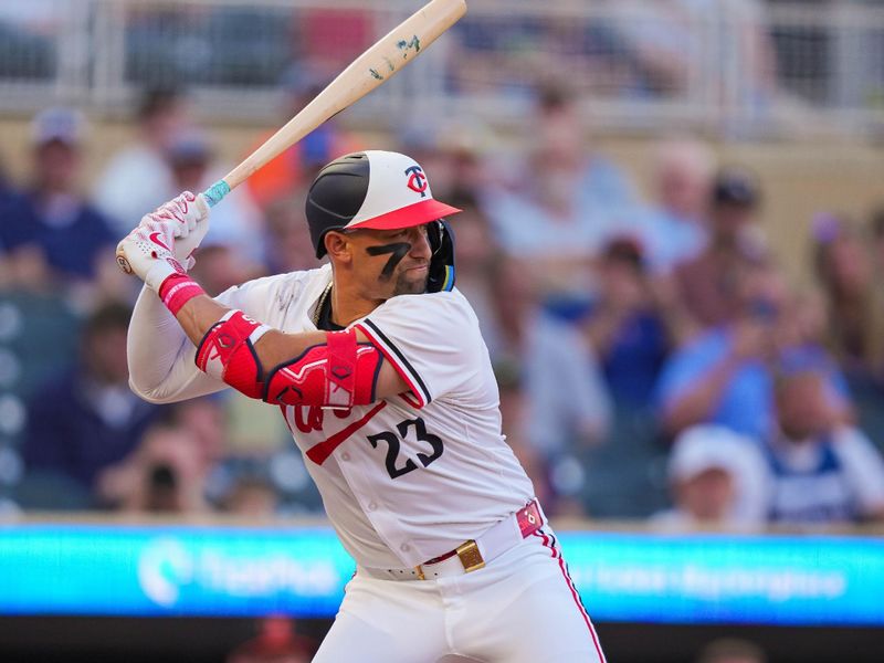 May 6, 2025; Minneapolis, Minnesota, USA; Minnesota Twins designated hitter Royce Lewis (23) at his first at bat of the season against the MBaltimore Orioles in the second inning at Target Field. Mandatory Credit: Brad Rempel-Imagn Images