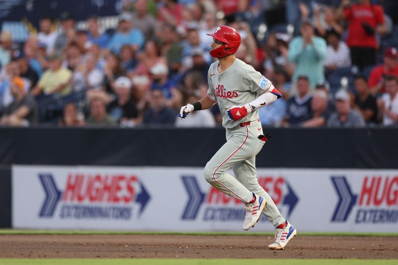 May 7, 2025; Tampa, Florida, USA; Philadelphia Phillies shortstop Trea Turner (7) runs the base after hitting a home run against the Tampa Bay Rays in the third inning at George M. Steinbrenner Field. Mandatory Credit: Nathan Ray Seebeck-Imagn Images