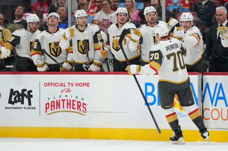 Oct 19, 2024; Sunrise, Florida, USA;  Vegas Golden Knights left wing Tanner Pearson (70) celebrates after a goal against the Florida Panthers during the first period at Amerant Bank Arena. Mandatory Credit: Jim Rassol-Imagn Images