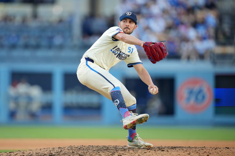 Jul 6, 2024; Los Angeles, California, USA; Los Angeles Dodgers relief pitcher Alex Vesia (51) throws in the ninth inning against the Milwaukee Brewers at Dodger Stadium. Mandatory Credit: Kirby Lee-USA TODAY Sports