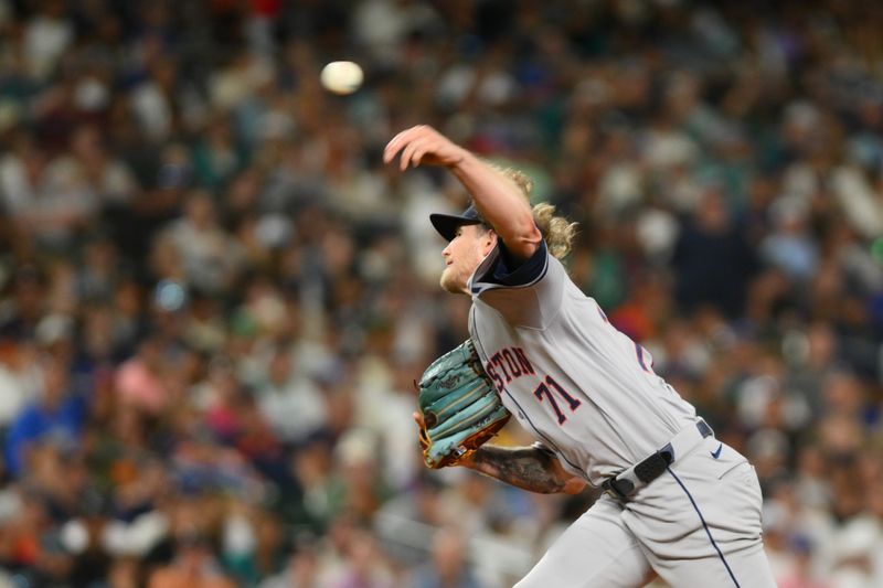 Jul 19, 2024; Seattle, Washington, USA; Houston Astros relief pitcher Josh Hader (71) pitches to the Seattle Mariners during the ninth inning at T-Mobile Park. Mandatory Credit: Steven Bisig-USA TODAY Sports