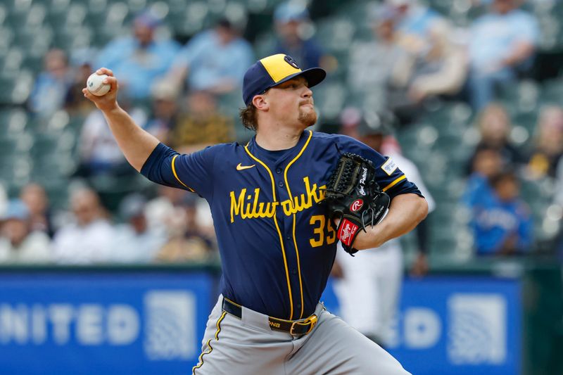 May 1, 2025; Chicago, Illinois, USA; Milwaukee Brewers starting pitcher Chad Patrick (39) delivers a pitch against the Chicago White Sox during the first inning at Rate Field. Mandatory Credit: Kamil Krzaczynski-Imagn Images