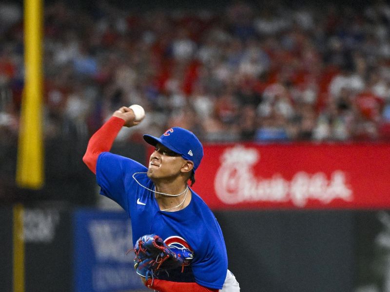 Jul 28, 2023; St. Louis, Missouri, USA;  Chicago Cubs relief pitcher Adbert Alzolay (73) pitches against the St. Louis Cardinals during the eighth inning at Busch Stadium. Mandatory Credit: Jeff Curry-USA TODAY Sports