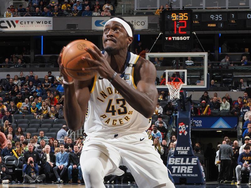 INDIANAPOLIS, IN - MARCH 18:  Pascal Siakam #43 of the Indiana Pacers goes to the basket during the game on March 18, 2024 at Gainbridge Fieldhouse in Indianapolis, Indiana. NOTE TO USER: User expressly acknowledges and agrees that, by downloading and or using this Photograph, user is consenting to the terms and conditions of the Getty Images License Agreement. Mandatory Copyright Notice: Copyright 2024 NBAE (Photo by Ron Hoskins/NBAE via Getty Images)