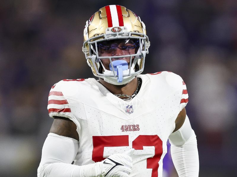 San Francisco 49ers linebacker Dee Winters (53) in action against the Minnesota Vikings during the first half of an NFL football game Monday, Oct. 23, 2023 in Minneapolis. (AP Photo/Stacy Bengs)