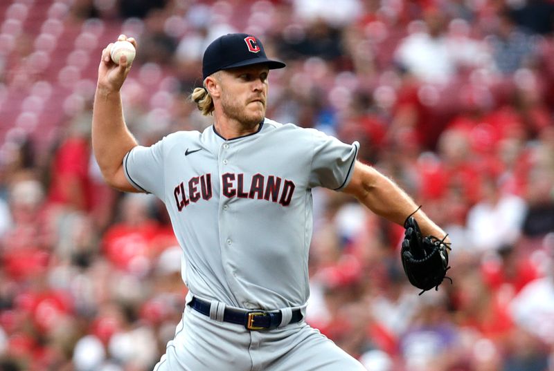 Aug 16, 2023; Cincinnati, Ohio, USA; Cleveland Guardians starting pitcher Noah Syndergaard (34) throws against the Cincinnati Reds during the second inning at Great American Ball Park. Mandatory Credit: David Kohl-USA TODAY Sports