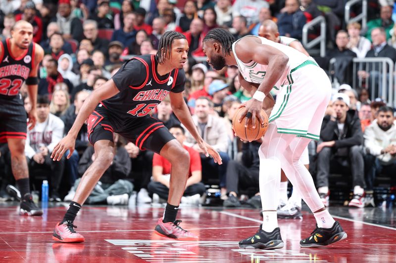 CHICAGO, IL - NOVEMBER 29: Julian Phillips #15 of the Chicago Bulls plays defense during the game against the Boston Celtics during the Emirates NBA Cup game on November 29, 2024 at United Center in Chicago, Illinois. NOTE TO USER: User expressly acknowledges and agrees that, by downloading and or using this photograph, User is consenting to the terms and conditions of the Getty Images License Agreement. Mandatory Copyright Notice: Copyright 2024 NBAE (Photo by Jeff Haynes/NBAE via Getty Images)